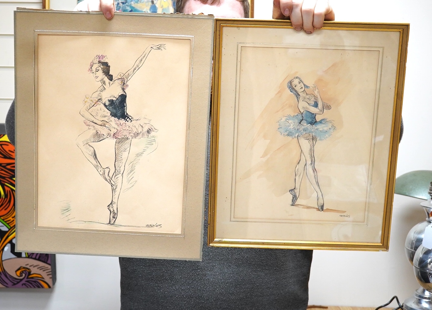 After Frederic Menkes (French, 20th. C), pair of colour prints, Studies of ballet dancers, 36 x 27cm. Condition - poor to fair